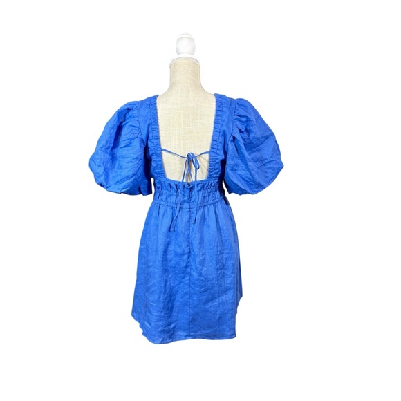 NEW Amalie the Label by Showpo Khaila LInen Lunge Puff Sleeve Mini Dress Blue 6 - Picture 5 of 15